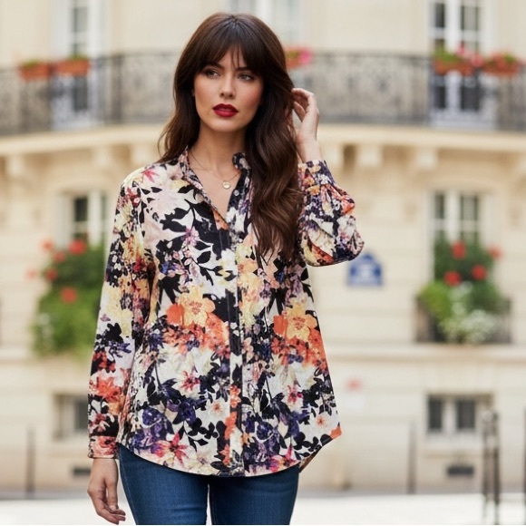 Signature Collection Tops - Signature Collection Floral Ruffle Neck Cotton Blouse Size 14